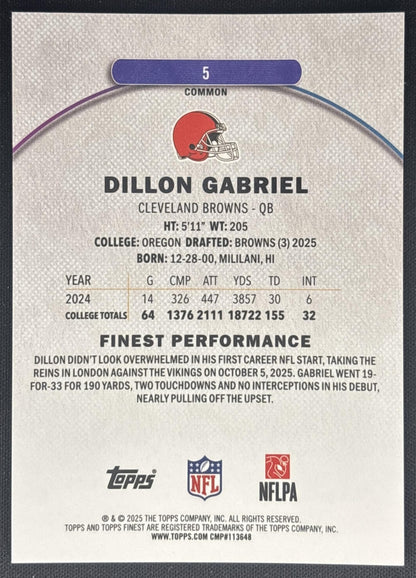 Dillon Gabriel 2025 Topps Finest Sky Blue Refractor /325 Browns back