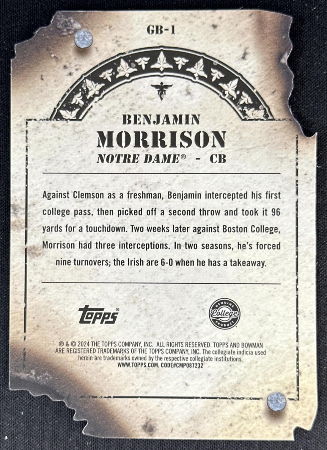 Benjamin Morrison 2024 Best University Gunslingers & Bandits Die Cut Speckle Refractor Fighting Irish