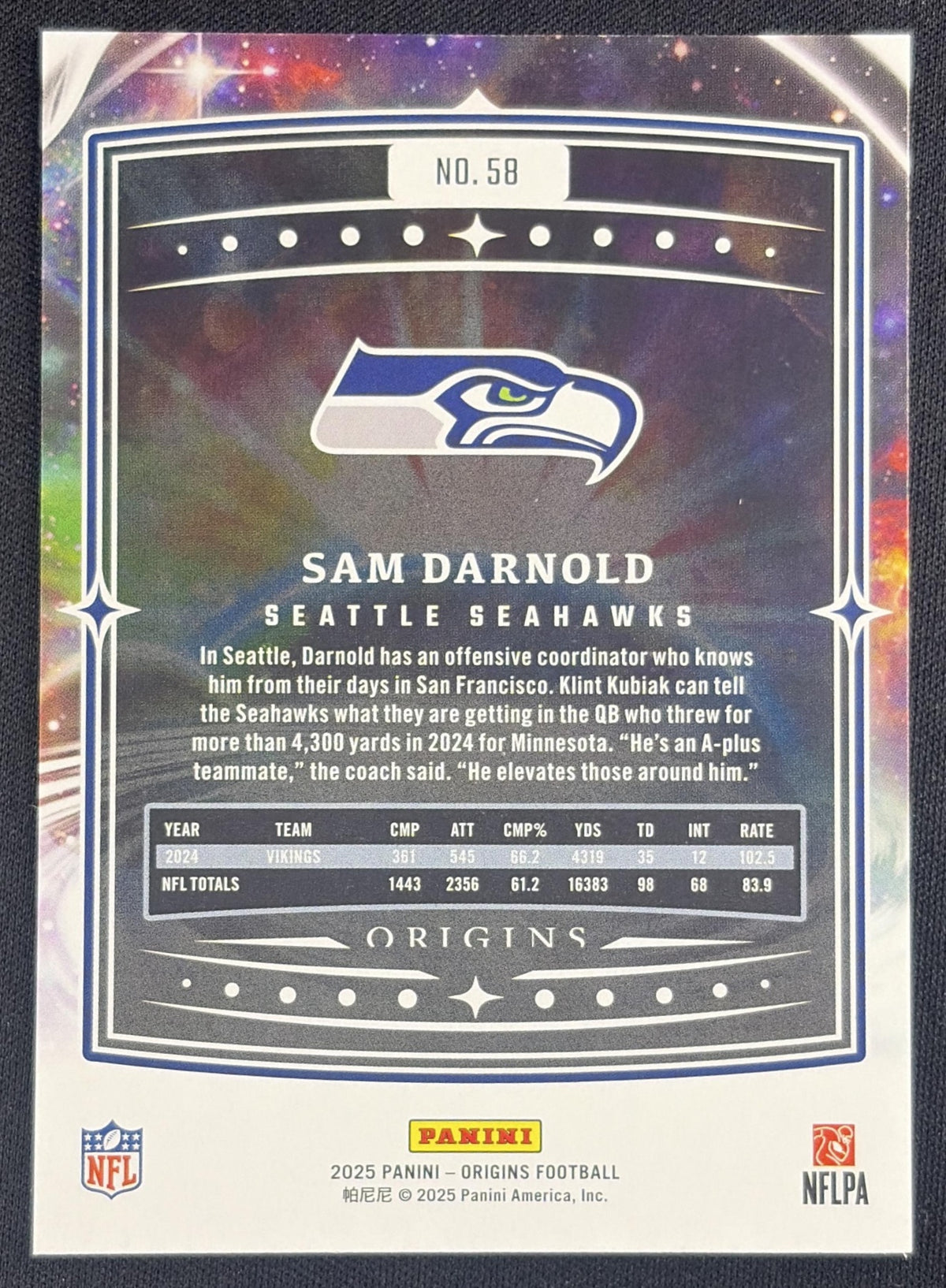 Sam Darnold 2025 Panini Origins Silver /75 Seahawks Sports Trading Card