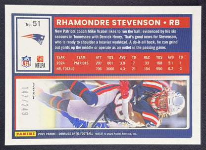 Rhamondre Stevenson 2025 Panini Donruss Optic Blue Prizm /249 Patriots