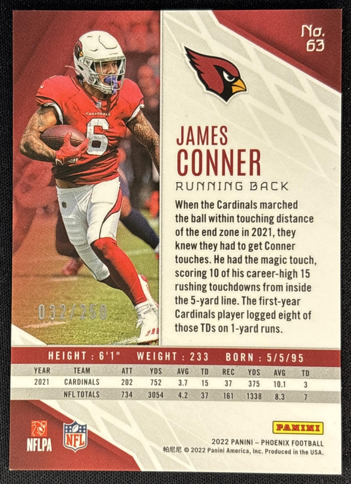 James Conner 2022 Panini Phoenix Red /250 Cardinals