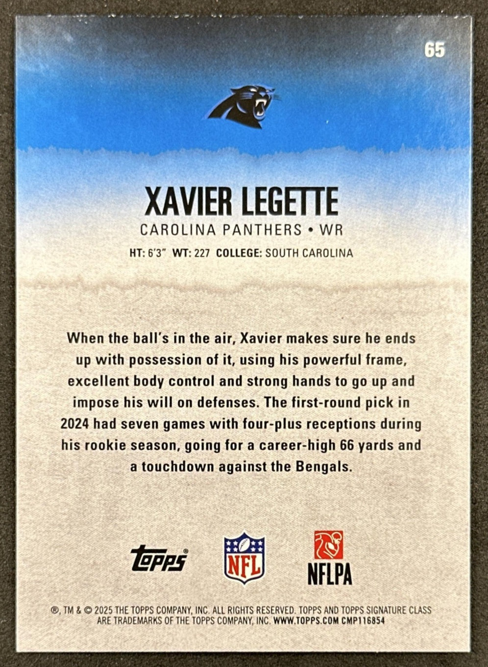 Xavier Legette 2025 Topps Signature Class Veteran Green & Purple Foil Panthers back