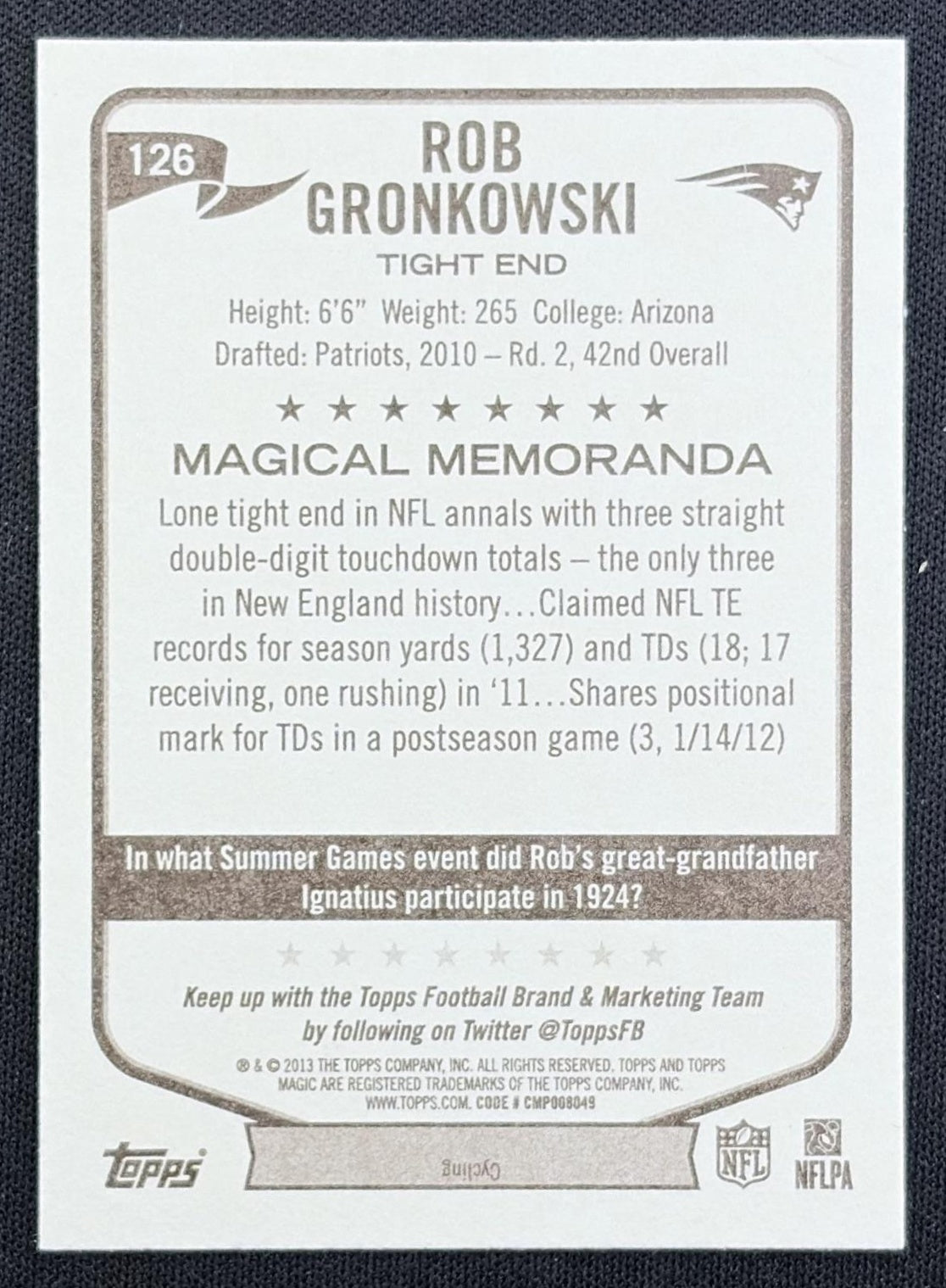 Rob Gronkowski 2013 Topps Magic Mini Orange Border Patriots back