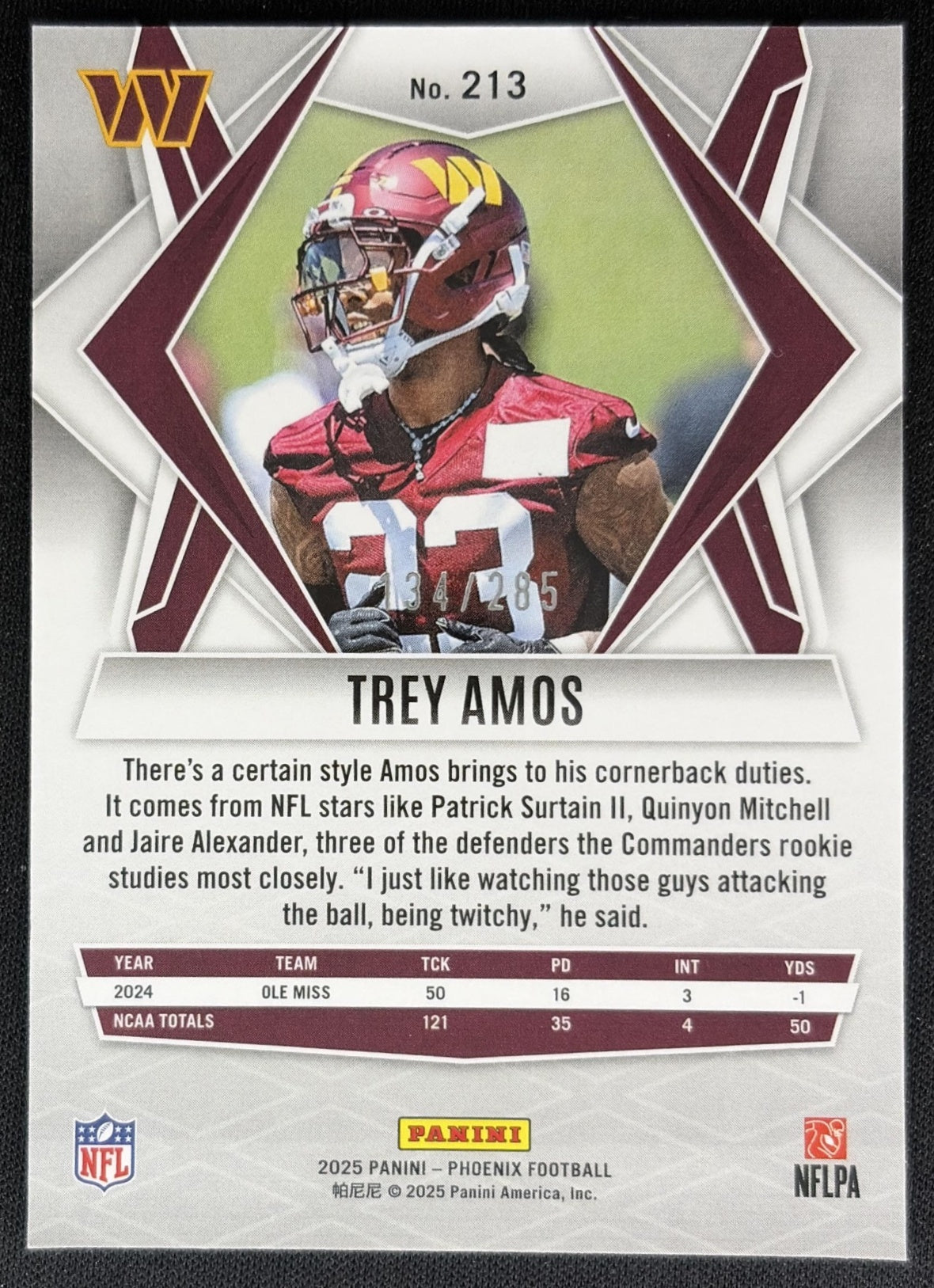 Trey Amos 2025 Panini Phoenix Lime Green Pyramids Prizm /285 Commanders back
