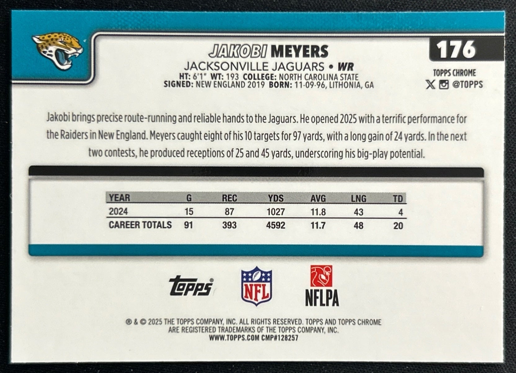 Jakobi Meyers 2025 Topps Chrome Jaguars Sports Trading Cards