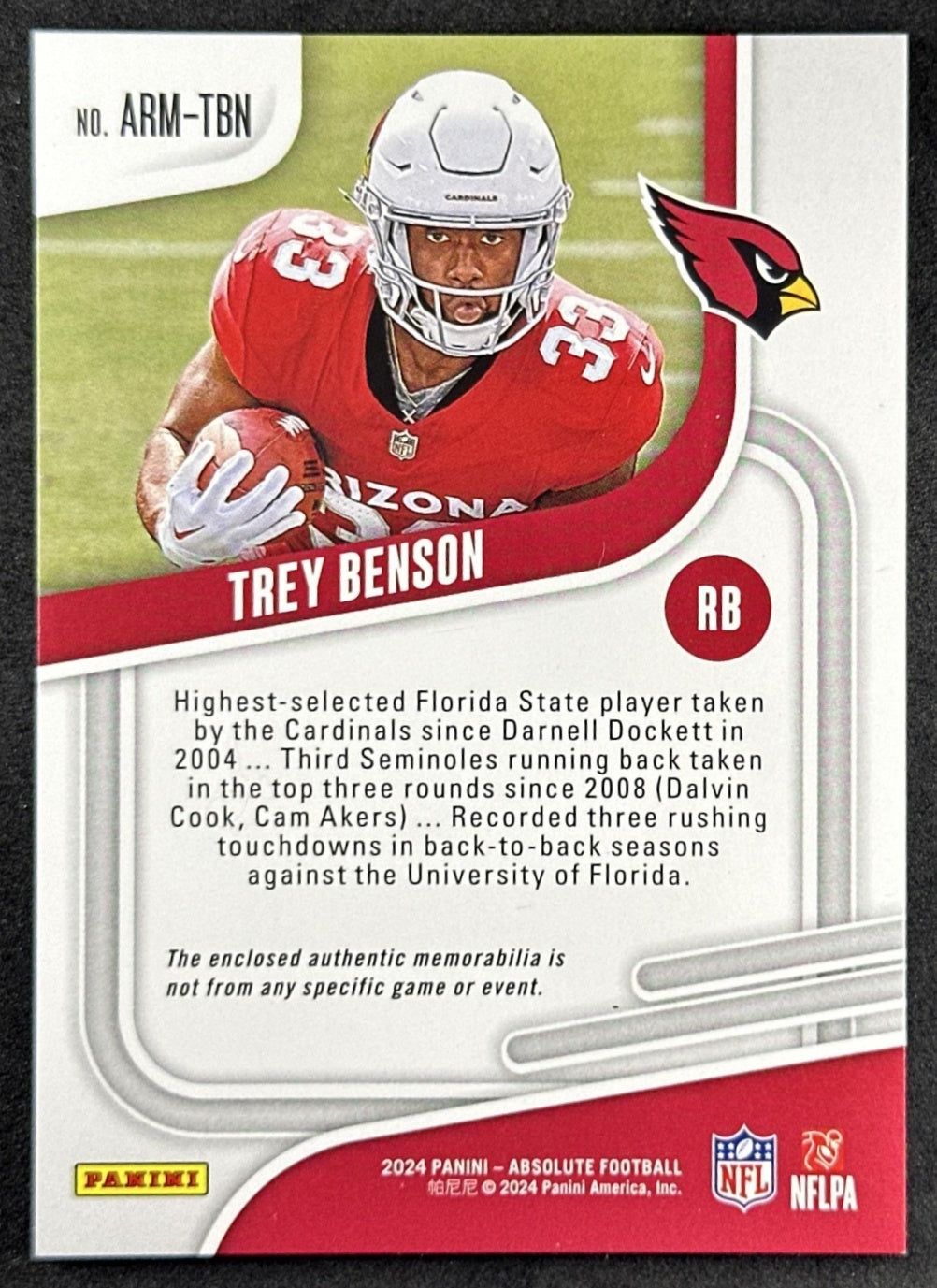Trey Benson 2024 Panini Absolute Rookie Materials Cardinals Sports Trading Card