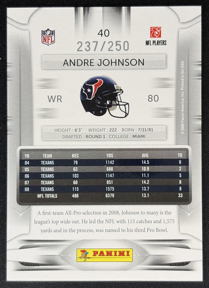 Andre Johnson 2009 Playoff Prestige Prestigious Pros Materials Blue /250 Texans