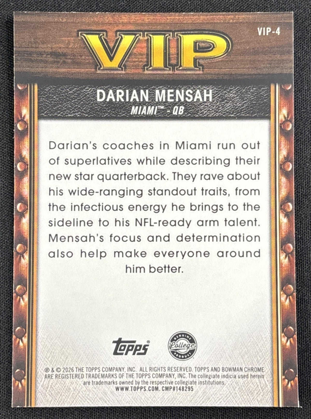 Darian Mensah 2026 Bowman Very Important Prospects Blue Refractor /150 Dolphins Hurricanes Sports Trading Card