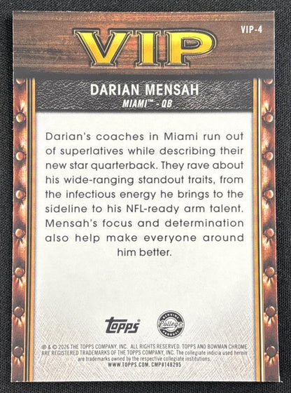 Darian Mensah 2026 Bowman Very Important Prospects Blue Refractor /150 Dolphins Hurricanes Sports Trading Card