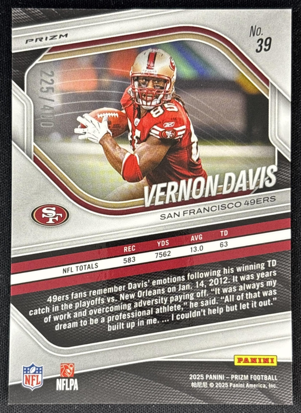 Vernon Davis 2025 Panini Prizm Pandora /400 49ers back