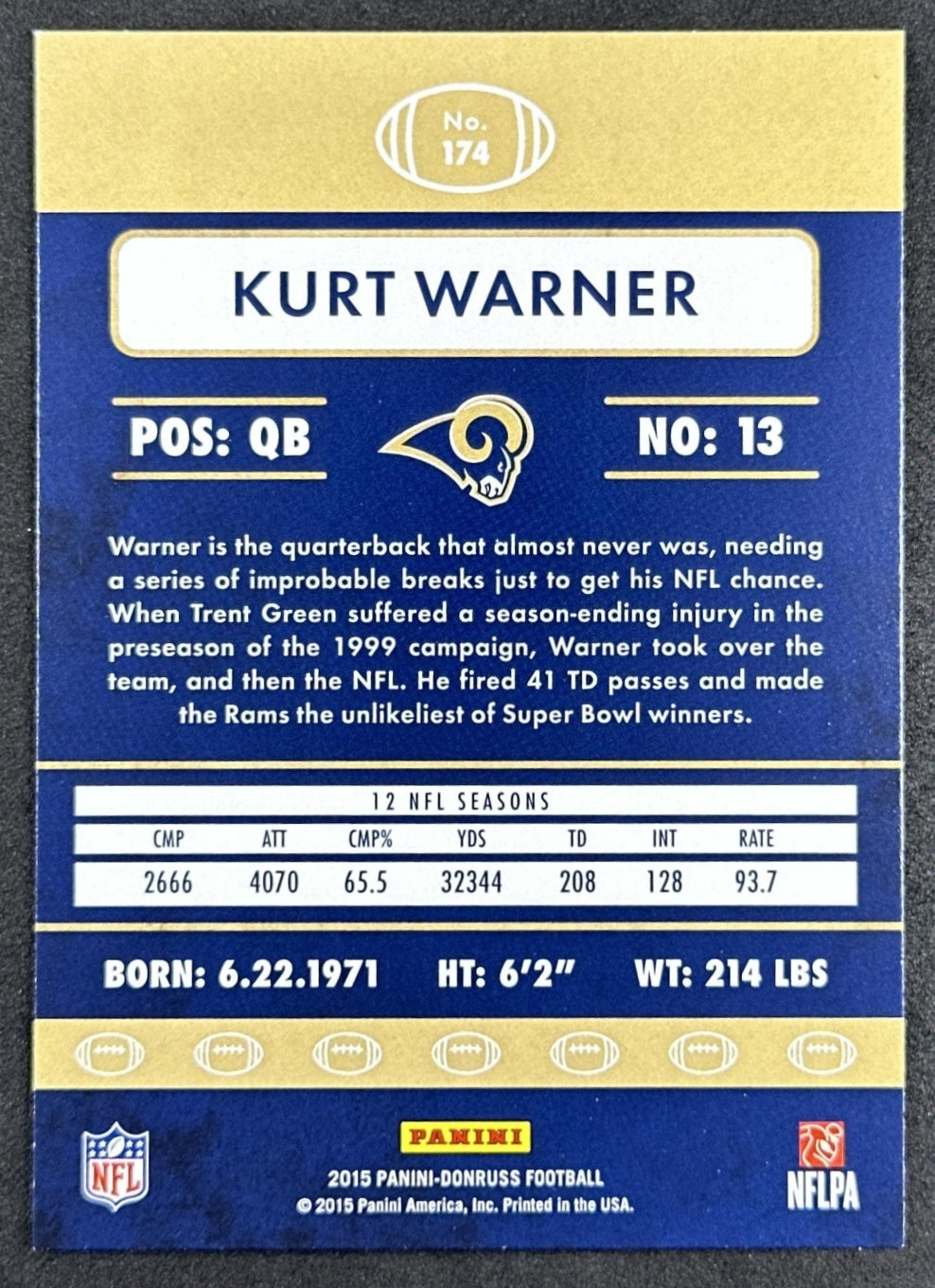 Kurt Warner 2015 Panini Donruss Rams St. Louis Rams Sports Trading Card