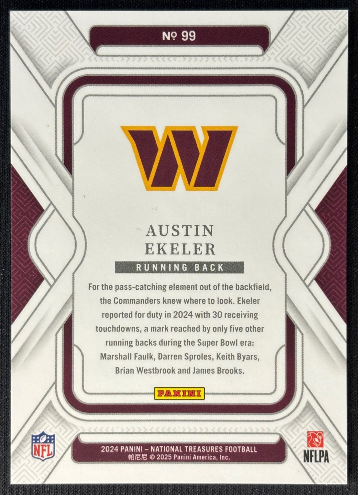 Austin Ekeler 2024 National Treasures Purple /75 Commanders back | Wayne Collection