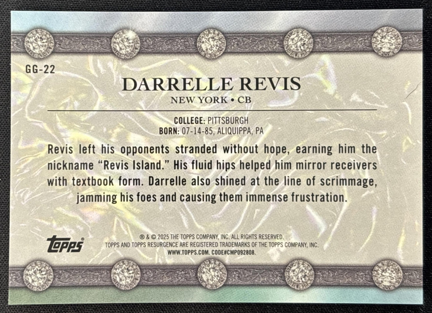 Darrelle Revis 2024 Topps Resurgence Glimmer and Gleam Gold Power Surge /50 Jets back