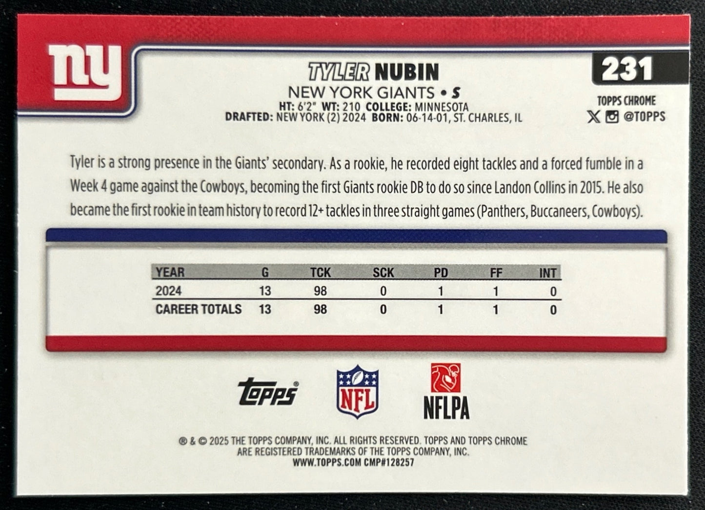 Tyler Nubin 2025 Topps Chrome Giants Sports Trading Cards