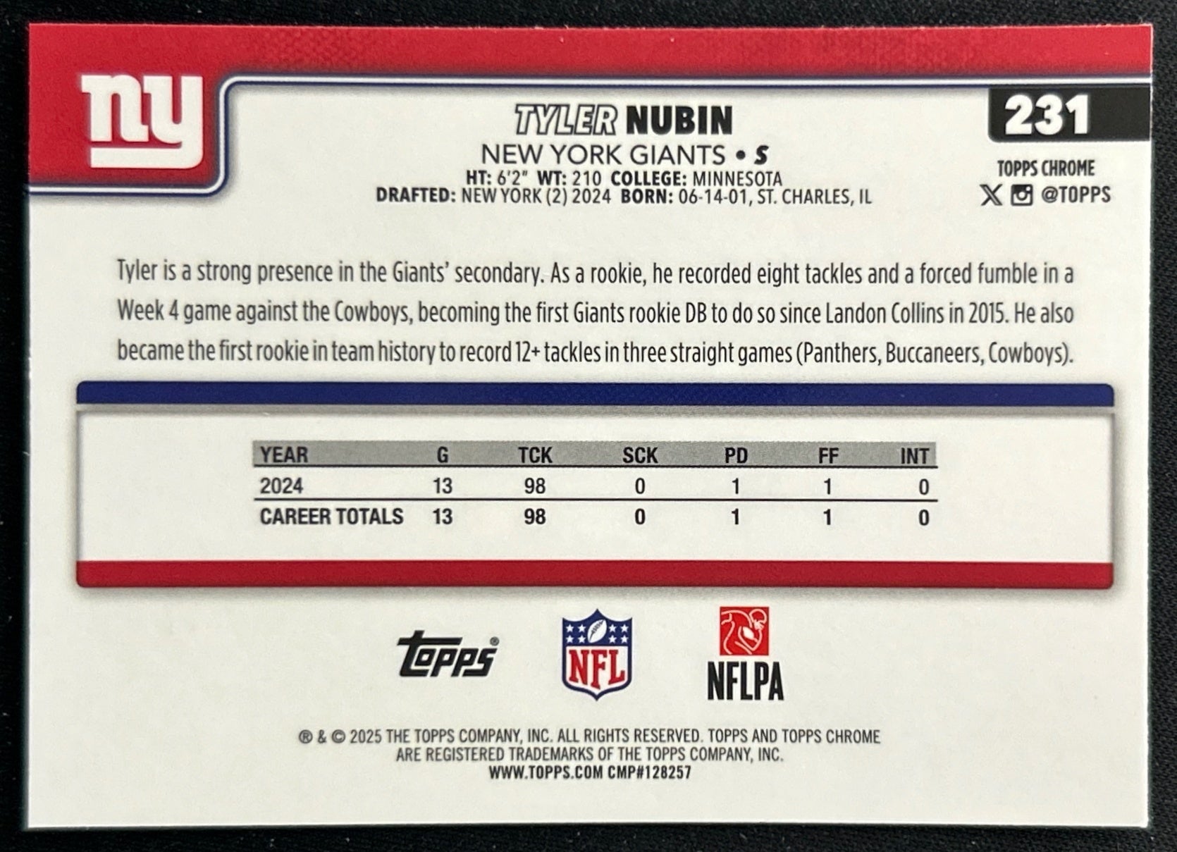 Tyler Nubin 2025 Topps Chrome Giants Sports Trading Cards