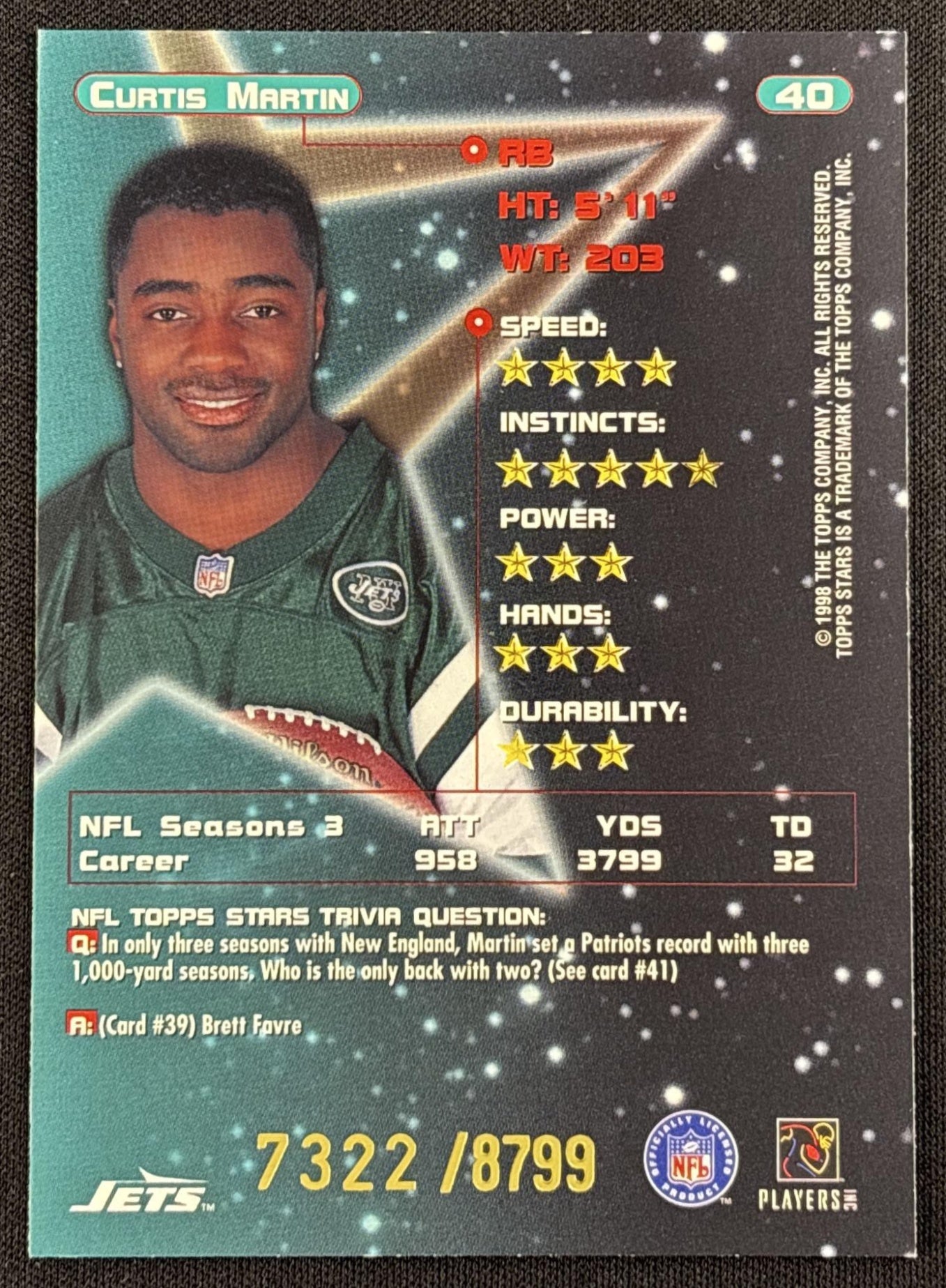 Curtis Martin 1998 Topps Stars Bronze Star /8799 Jets
