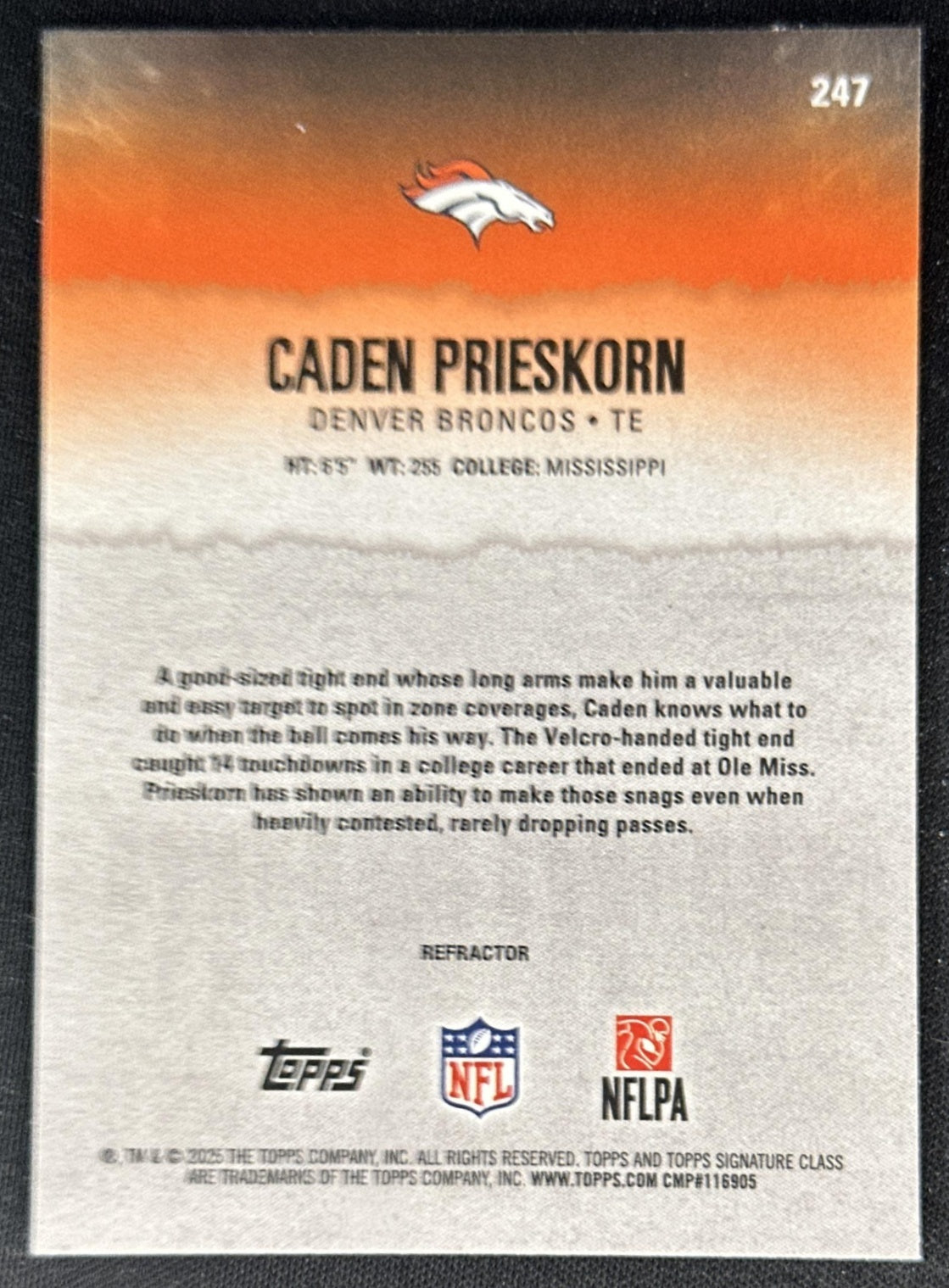 Caden Prieskorn 2025 Topps Signature Class Chrome Rookie White Refractor Broncos back