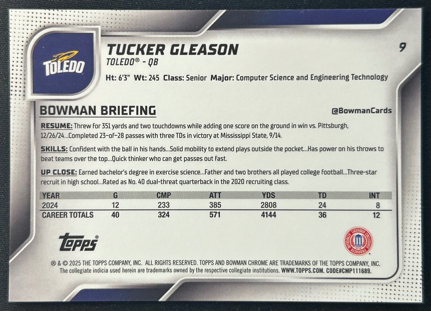 Tucker Gleason 2025 Chrome University Sapphire Prospect Gold Refractor /50 Rockets - back