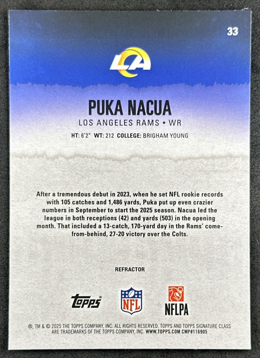 Puka Nacua 2025 Topps Signature Class Chrome Veteran White Refractor Rams back