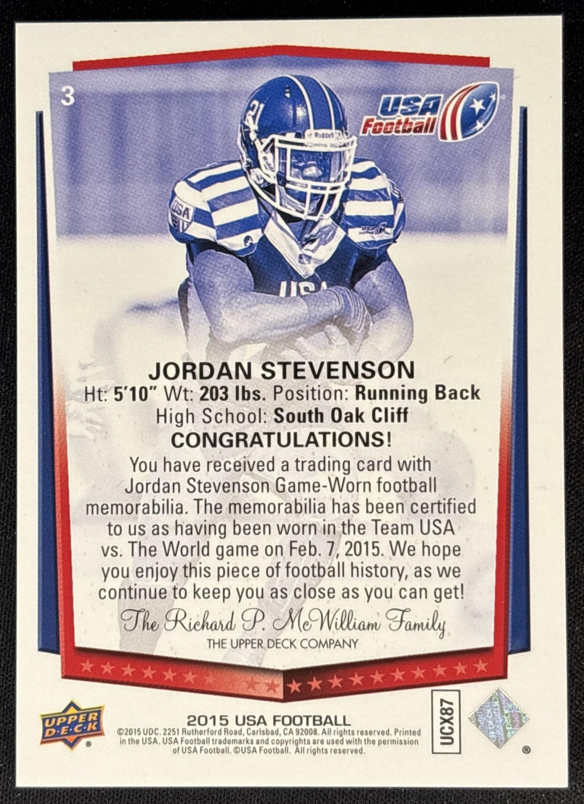 Jordan Stevenson 2015 Upper Deck USA Football Future Swatch back
