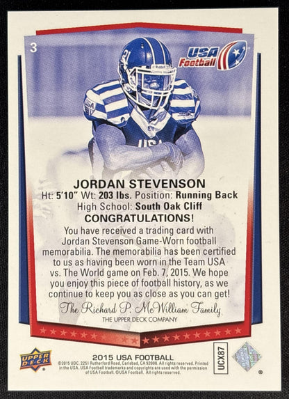 Jordan Stevenson 2015 Upper Deck USA Football Future Swatch back