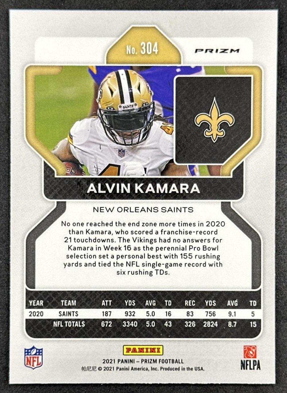 Alvin Kamara 2021 Panini Prizm Red White and Blue Saints back sports trading card