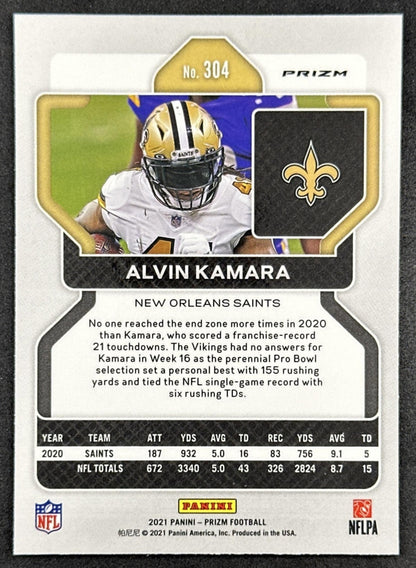 Alvin Kamara 2021 Panini Prizm Red White and Blue Saints back sports trading card