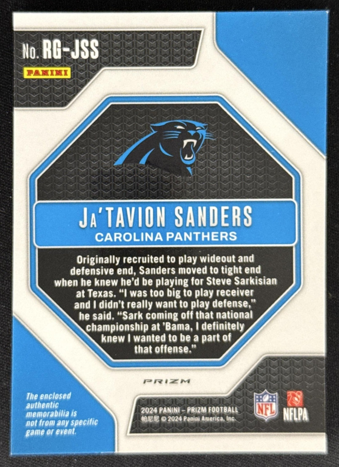 Ja'Tavion Sanders 2024 Panini Prizm Rookie Gear Panthers Sports Trading Card