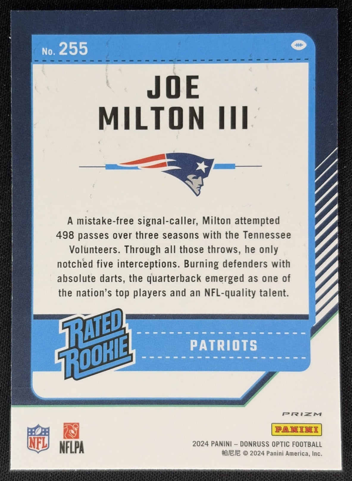 Joe Milton III 2024 Panini Donruss Optic Green Velocity Patriots Sports Trading Cards