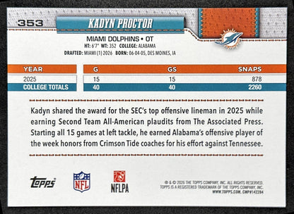 Kadyn Proctor 2026 Topps Flagship Rookie Dolphins Sports Trading Cards