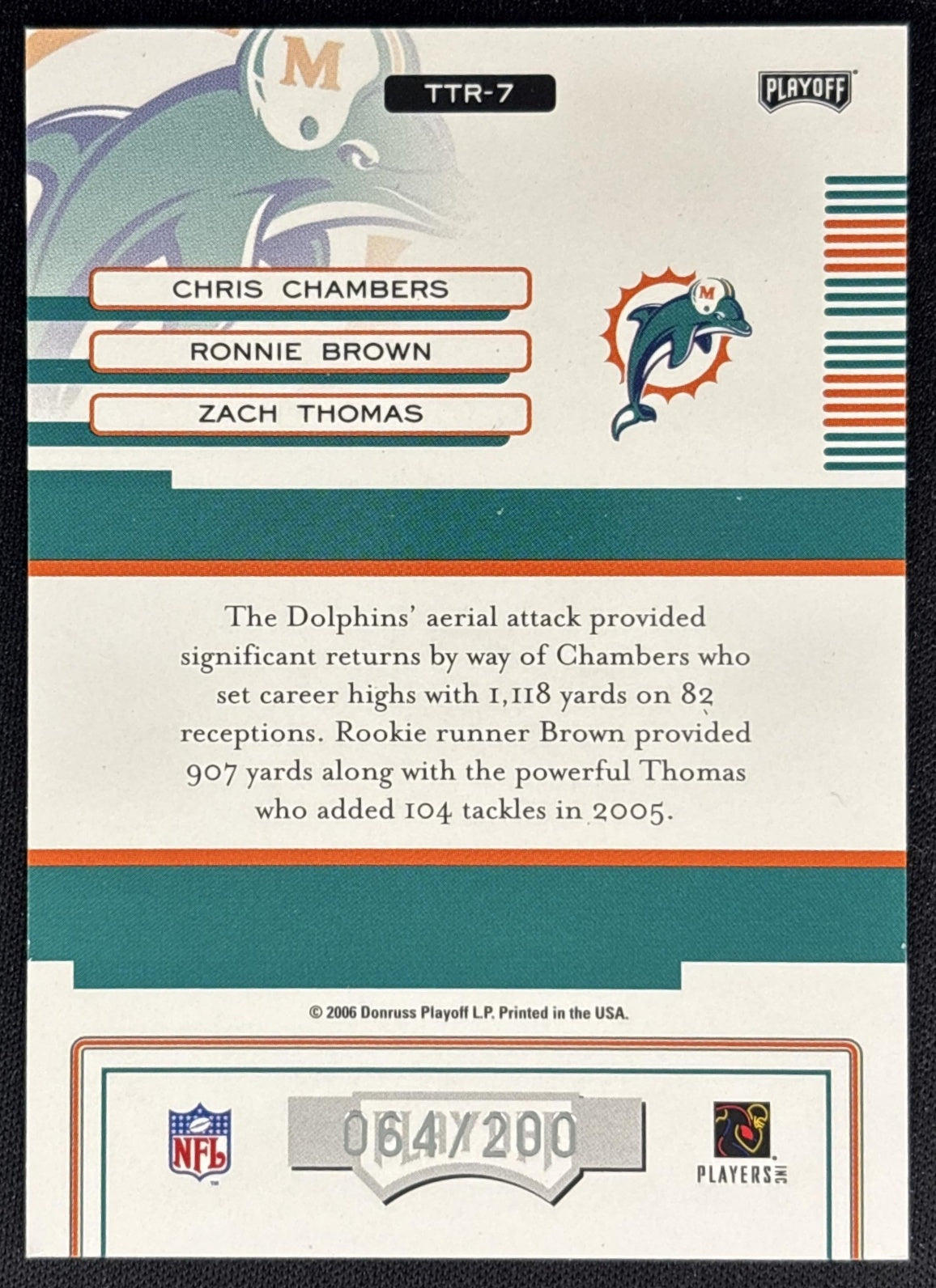 Chris Chambers Ronnie Brown Zach Thomas 2006 Absolute Memorabilia Team Trios Silver /200 Dolphins back