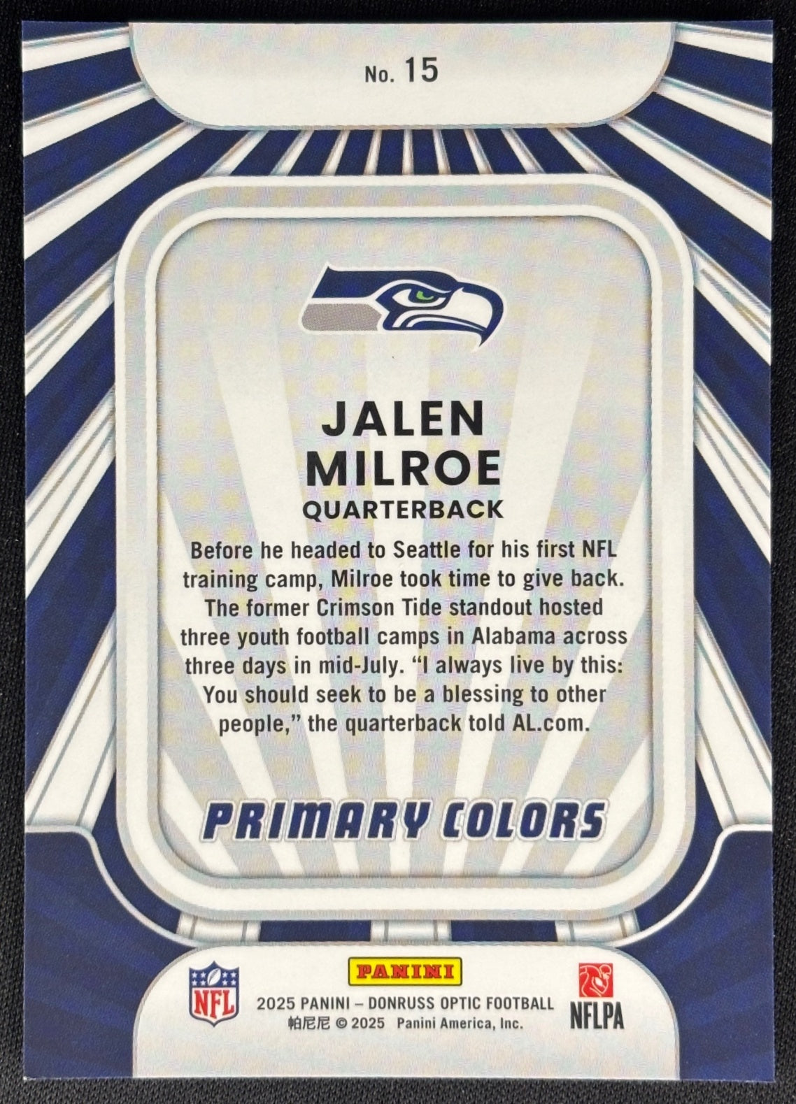 Jalen Milroe 2025 Donruss Optic Rookie Primary Colors Seahawks Sports Trading Card