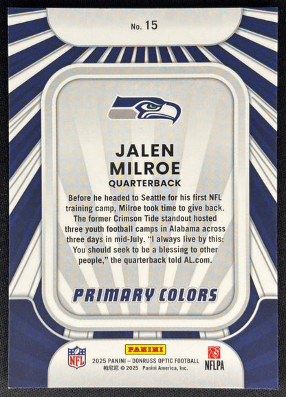 Jalen Milroe 2025 Donruss Optic Rookie Primary Colors Seahawks Sports Trading Card