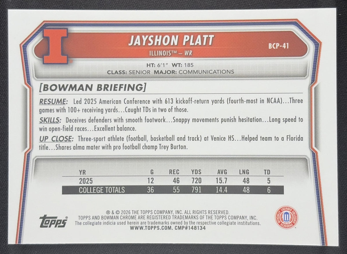 Jayshon Platt 2026 Bowman Chrome Prospects Mojo Refractor Fighting Illini