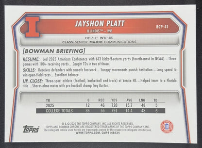 Jayshon Platt 2026 Bowman Chrome Prospects Mojo Refractor Fighting Illini