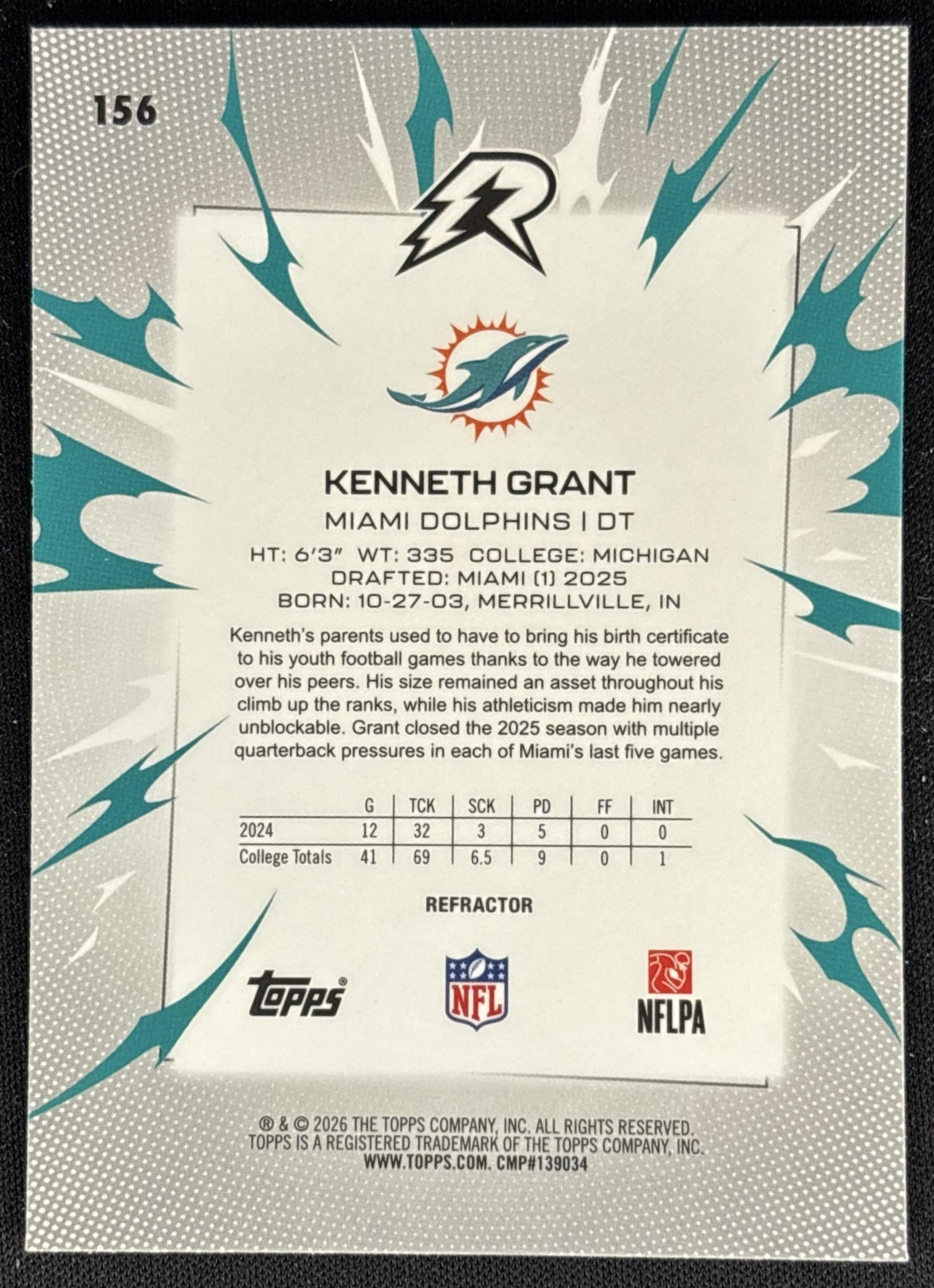 Kenneth Grant 2025 Topps Resurgence Refractor Dolphins back