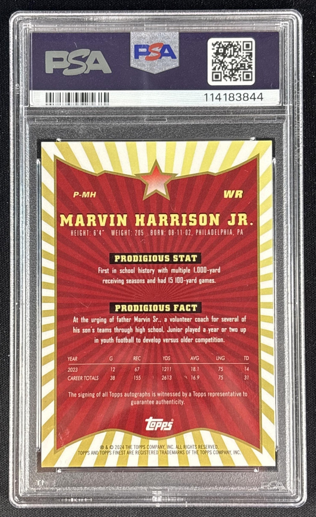 Marvin Harrison Jr. 2024 Finest Prodigies Auto Red Refractor /5 PSA 9 Rookie Cardinals Sports Trading Cards
