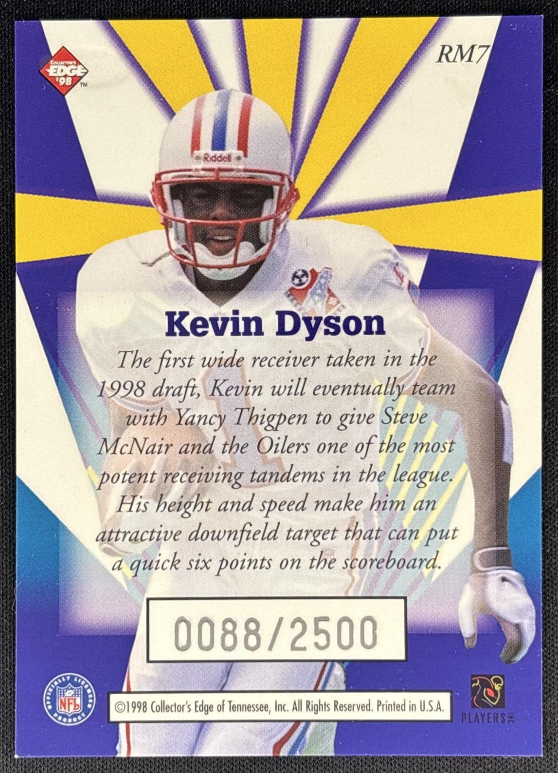 Kevin Dyson 1998 Collector's Edge Masters Rookie /2500 back
