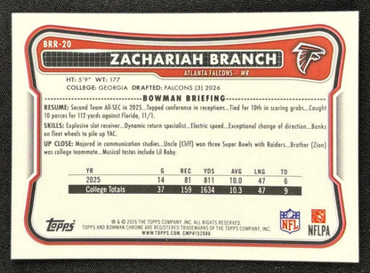 Zachariah Branch 2026 Bowman Chrome Red RC Variation Falcons Rookie