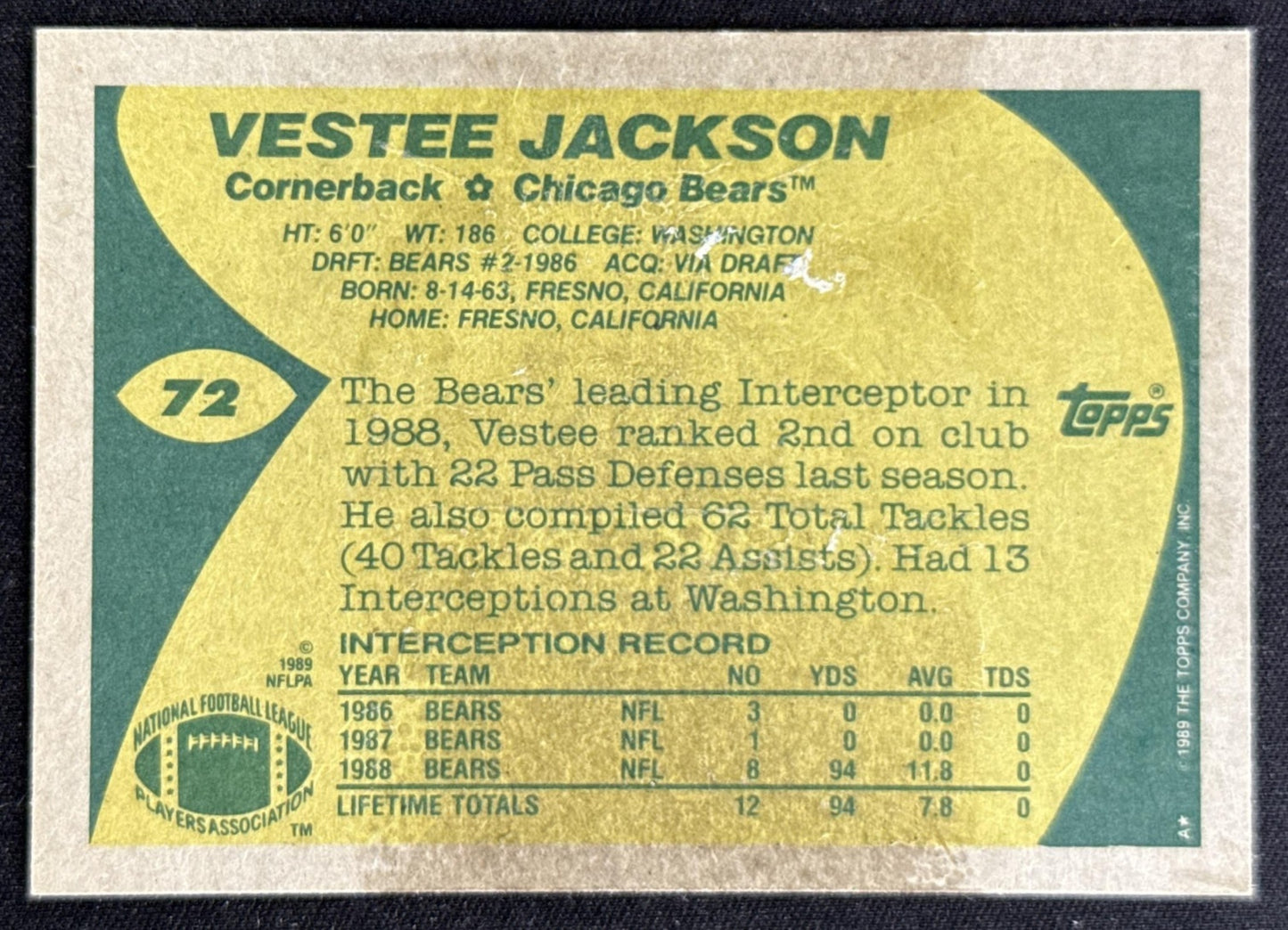 Vestee Jackson 1989 Topps Bears Sports Trading Card