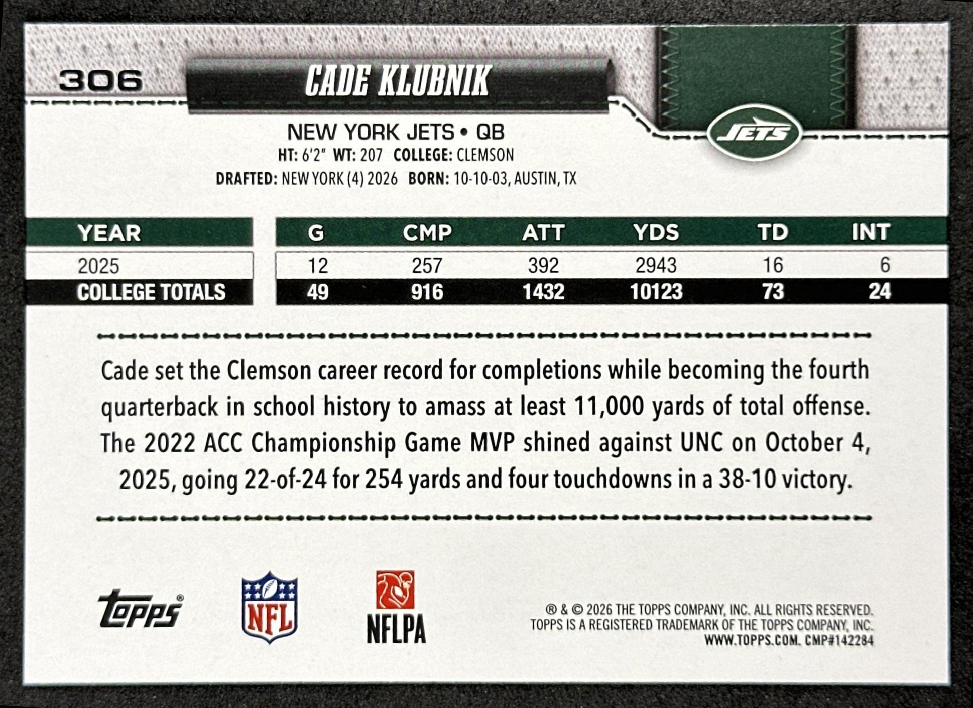 Cade Klubnik 2026 Topps Flagship Rookie Jets Sports Trading Card
