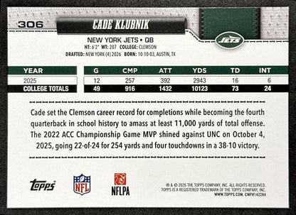 Cade Klubnik 2026 Topps Flagship Rookie Jets Sports Trading Card