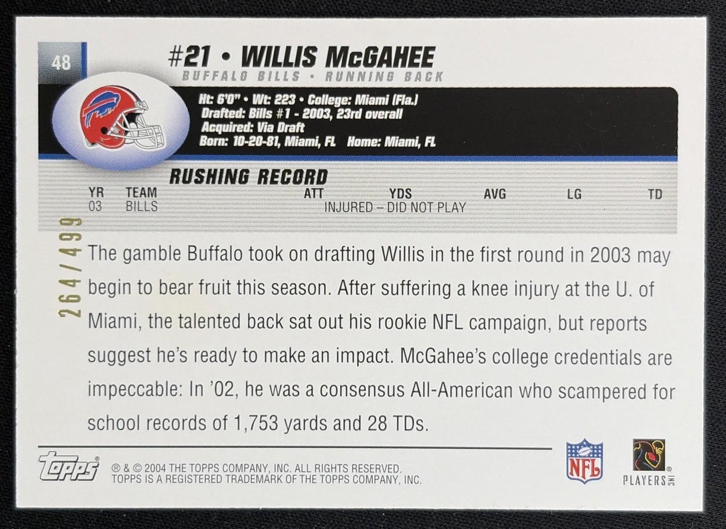 Willis McGahee 2004 Topps Gold /499 Bills back