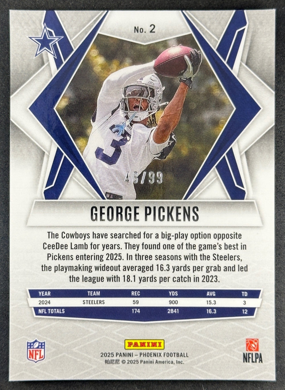 George Pickens 2025 Panini Phoenix Orange Hyper Prizm /99 Cowboys back