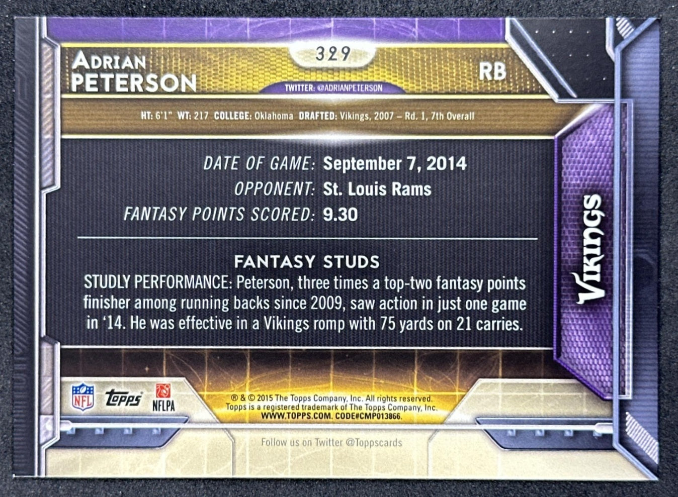 Adrian Peterson 2015 Topps Vikings Minnesota Vikings Sports Trading Card