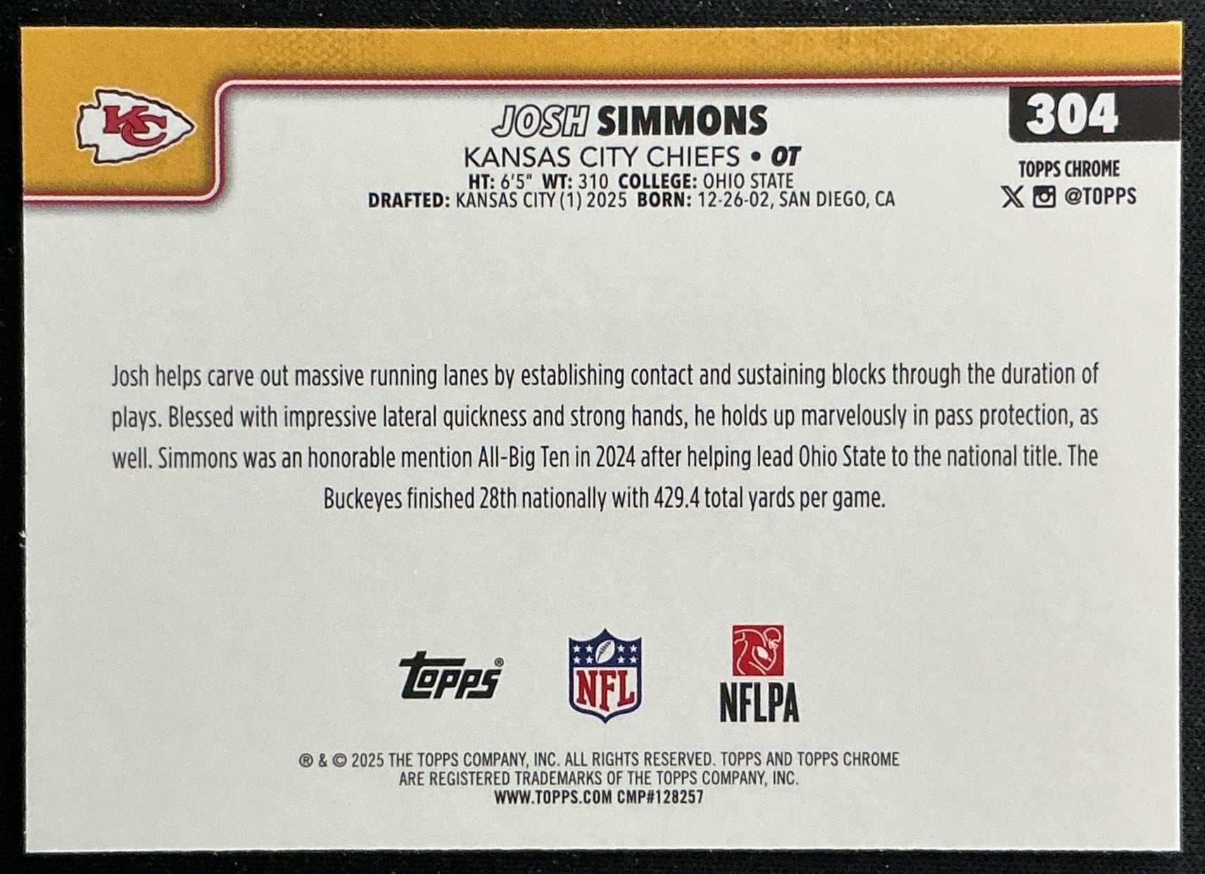 Josh Simmons 2025 Chrome Rookie Chiefs Sports Trading Cards
