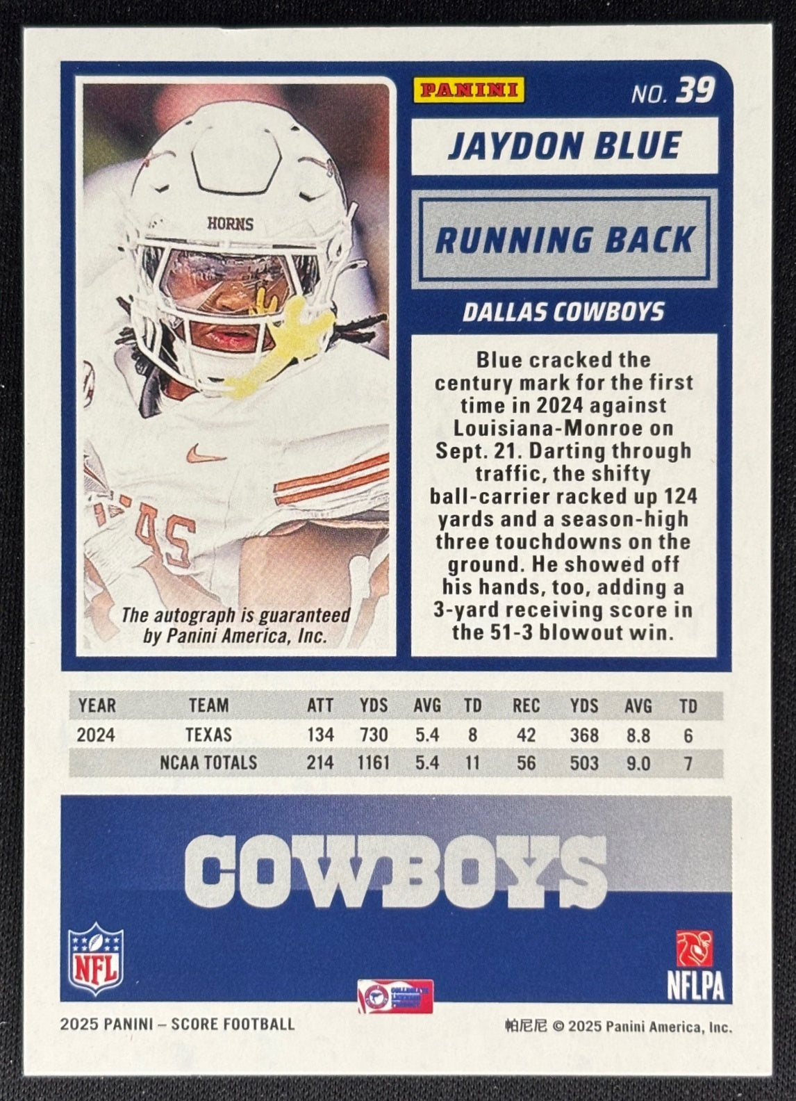 Jaydon Blue 2025 Score Rookies Signatures First Down /10 Cowboys