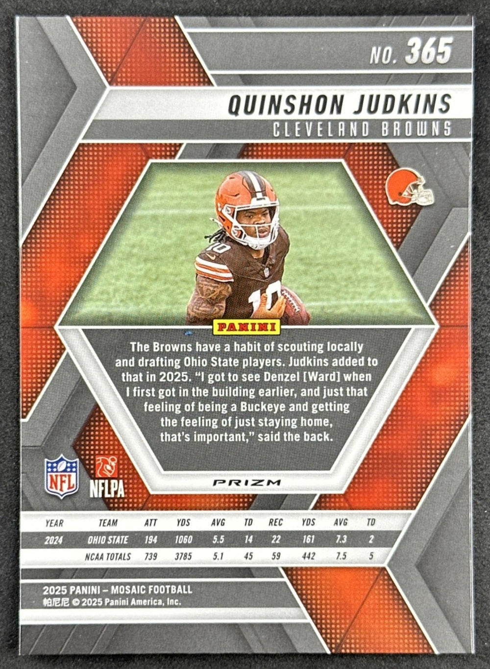 Quinshon Judkins 2025 Panini Mosaic Rookies Green Prizm Browns back