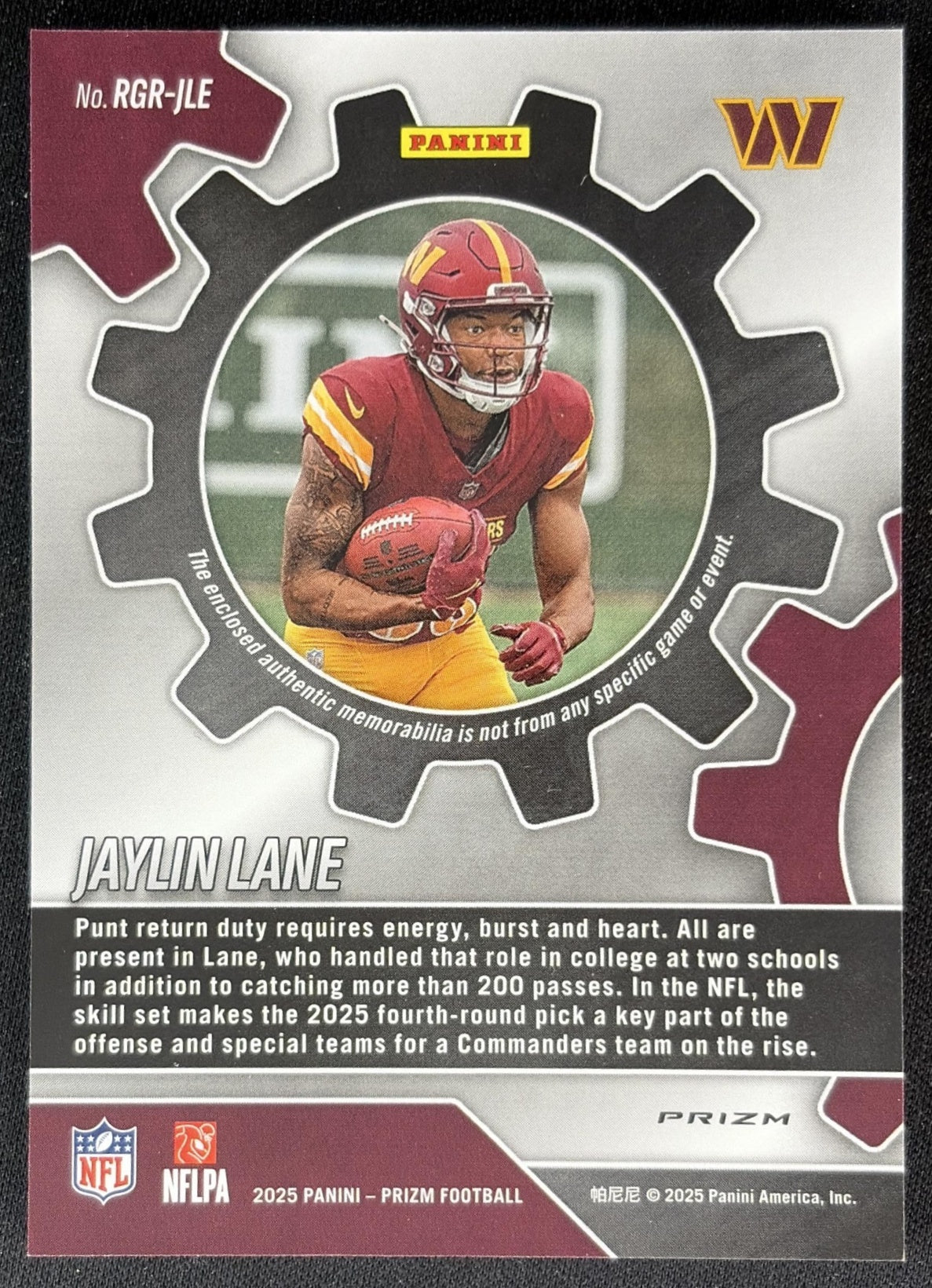 Jaylin Lane 2025 Panini Prizm Rookie Gear Neon Green Pulsar Commanders back