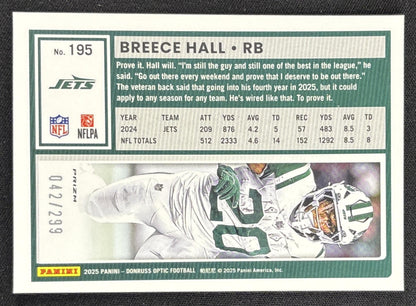 Breece Hall 2025 Panini Donruss Optic Orange Prizm /299 Jets